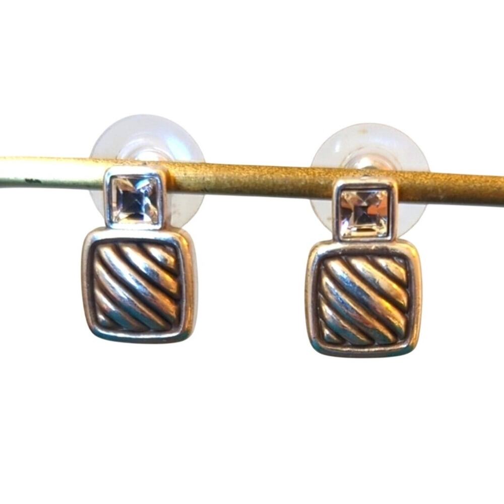 Silver Tone Textured Square W/ Emerald Cut Rhinestone Post Earring